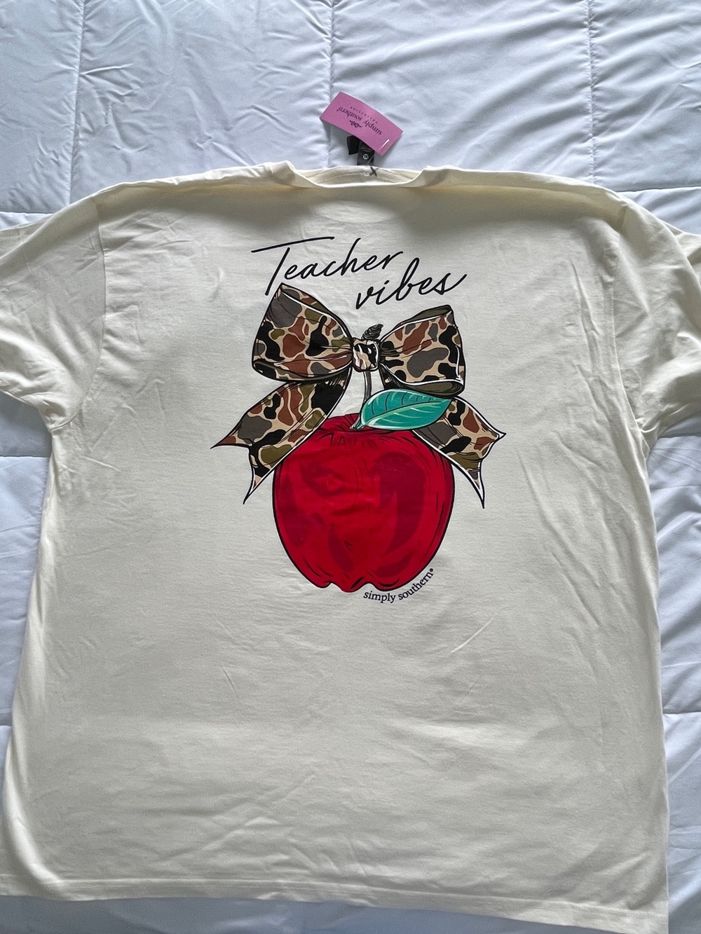 Simply Southern “Teacher Vibes”with Red Apple and Camo Bow. Size XLarge